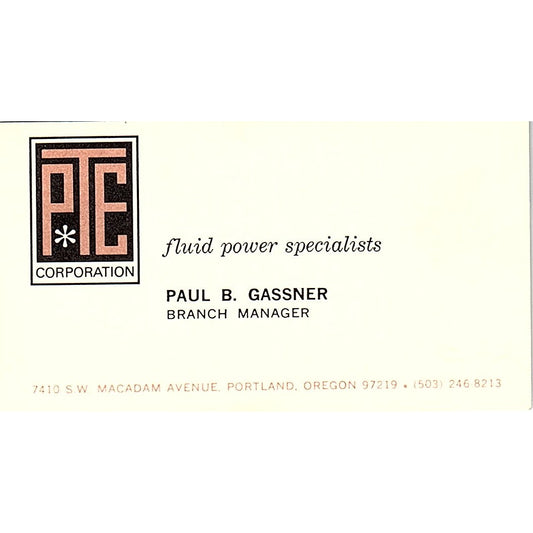 PTE Fluid Power Specialist Paul B. Gassner Portland Oregon Business Card SB4-B2
