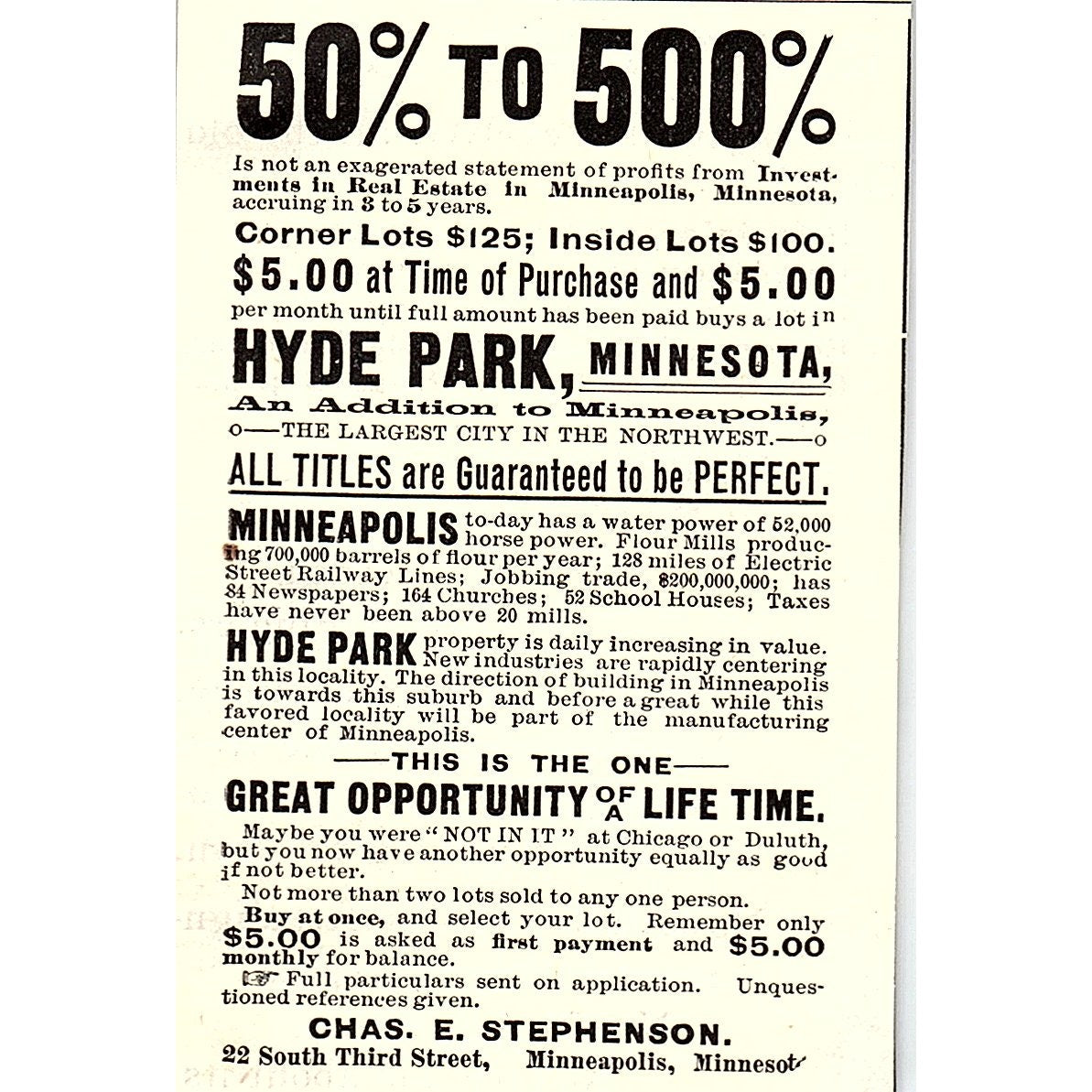 Chas. E Stephenson Minneapolis Minnesota Real Estate 1892 Ad AG2-M9