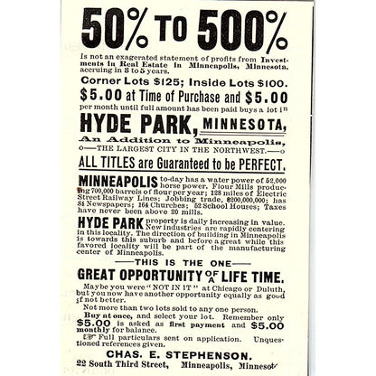 Chas. E Stephenson Minneapolis Minnesota Real Estate 1892 Ad AG2-M9
