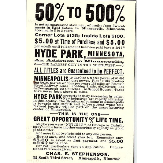 Chas. E Stephenson Minneapolis Minnesota Real Estate 1892 Ad AG2-M9