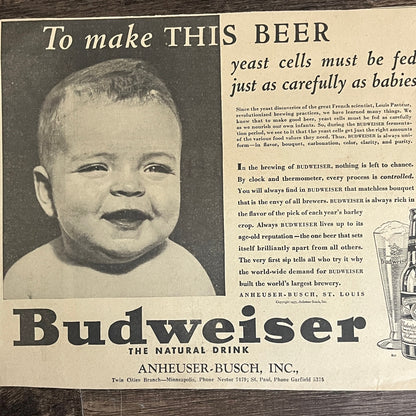 Budweiser Yeast Cells Must Be Fed As Carefully as Babies 1935 Newspaper Ad V1-9
