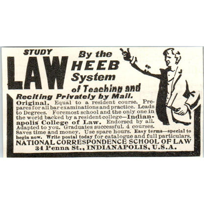 Study Law by the Heeb System Indianapolis Original Magazine Advertisement AE7-A2