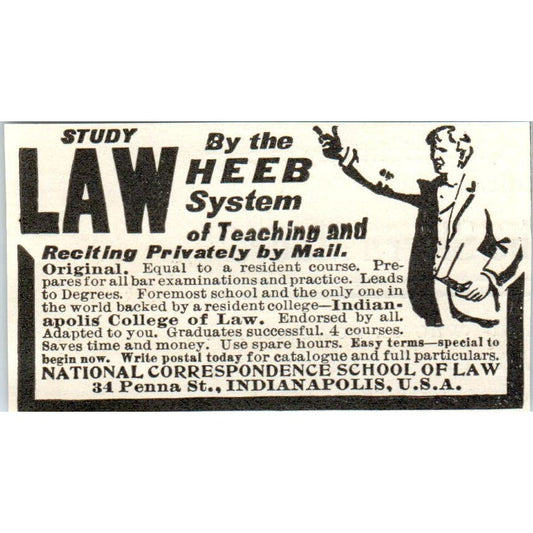 Study Law by the Heeb System Indianapolis Original Magazine Advertisement AE7-A2