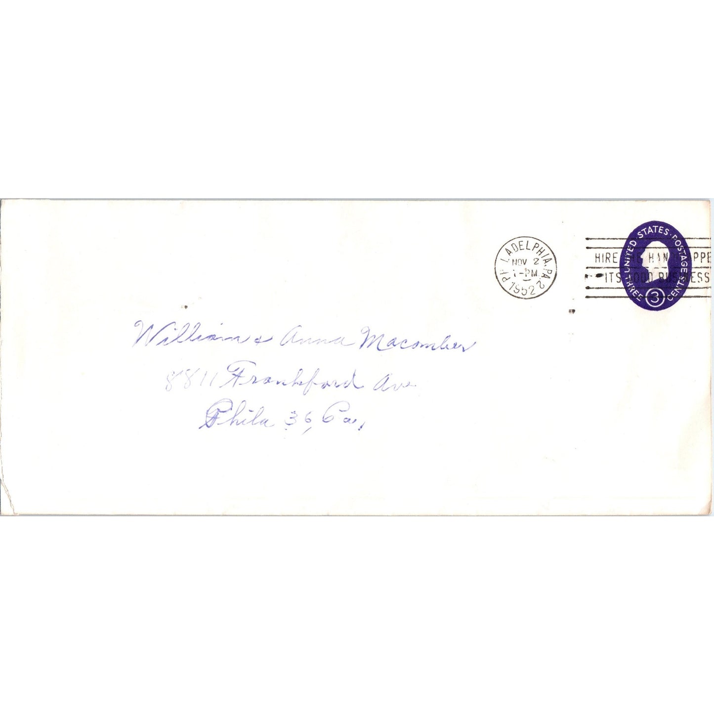 1952 William & Anna Macomber Philadelphia Postal Cover Envelope TH9-L1