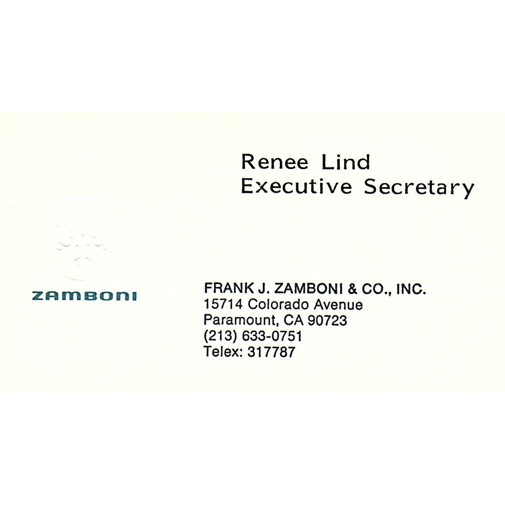 Frank J. Zamboni & Co. Renee Lind Paramount CA Vintage Business Card SF3-B2