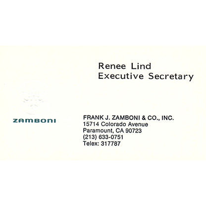 Frank J. Zamboni & Co. Renee Lind Paramount CA Vintage Business Card SF3-B2