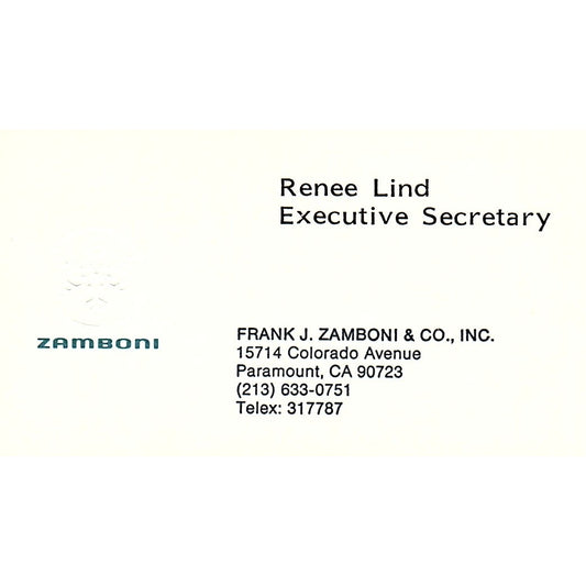 Frank J. Zamboni & Co. Renee Lind Paramount CA Vintage Business Card SF3-B2