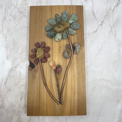 Rustic Wood, Copper and Rock Original Folk Wall Art Floral 7x14” TF5