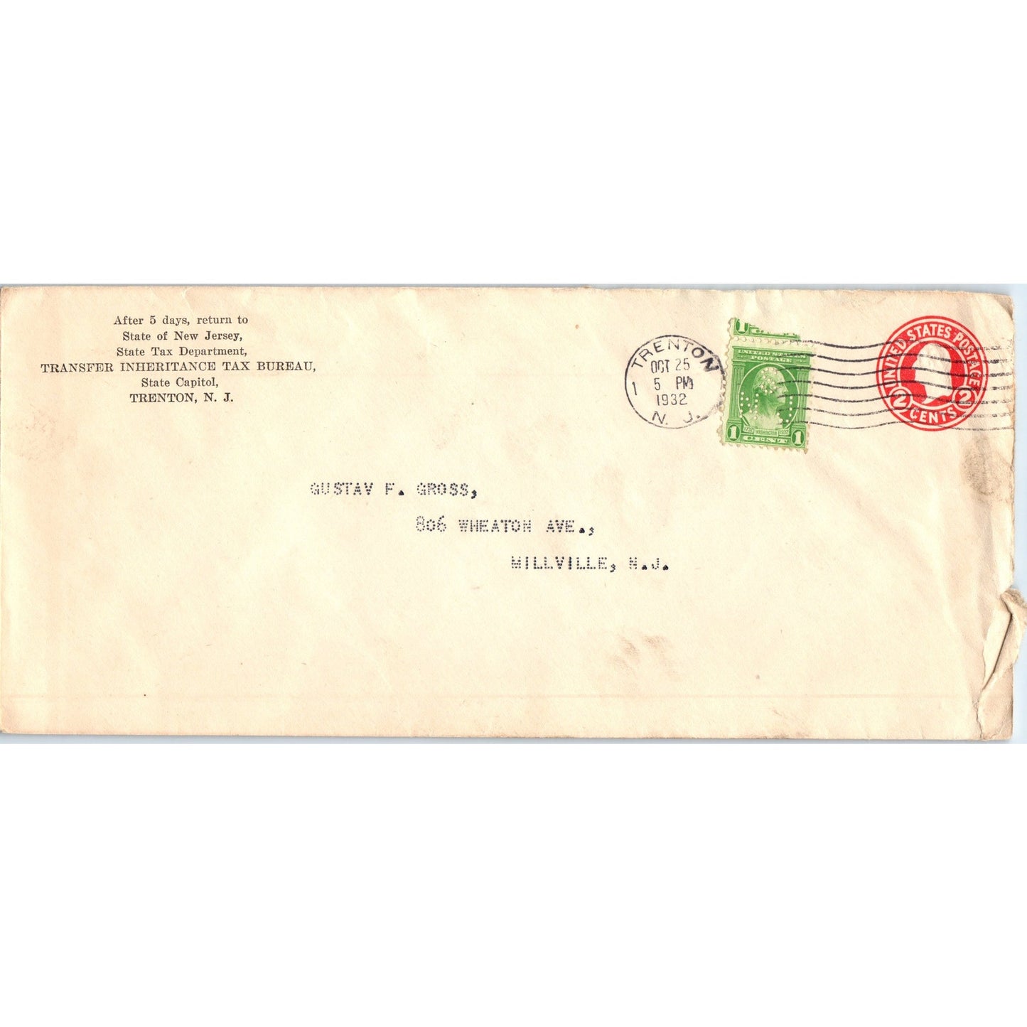 1932 Gustav F. Fross Millville NJ Postal Cover Envelope TH9-L1