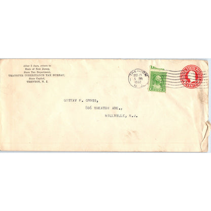 1932 Gustav F. Fross Millville NJ Postal Cover Envelope TH9-L1