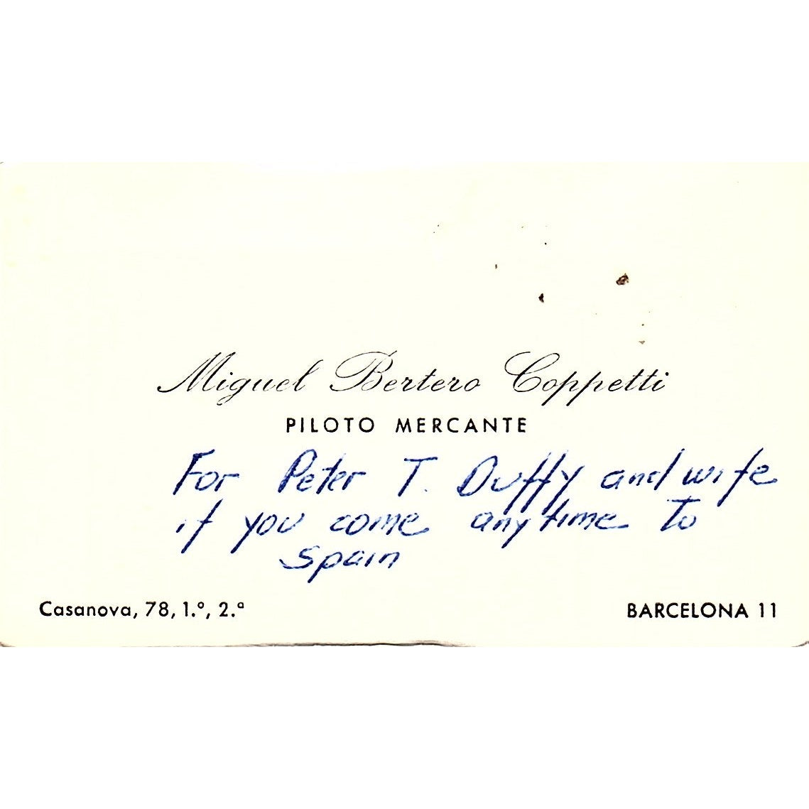 Miguel Bertero Coppetti Piloto Mercante Barcelona Vintage Business Card TH2-B1