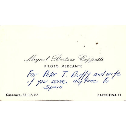 Miguel Bertero Coppetti Piloto Mercante Barcelona Vintage Business Card TH2-B1