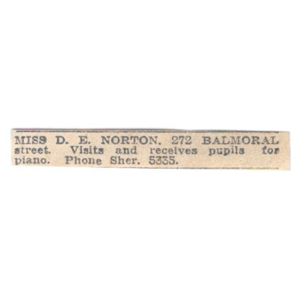 Miss D.E. Norton Piano Teacher 272 Balmoral Street Winnipeg 1920 Ad AG2-S12