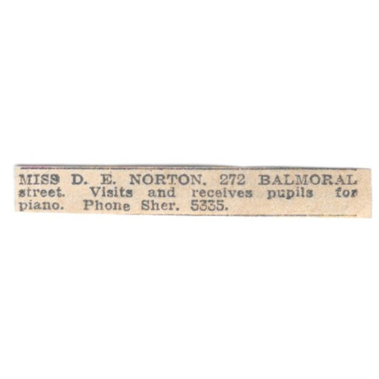 Miss D.E. Norton Piano Teacher 272 Balmoral Street Winnipeg 1920 Ad AG2-S12