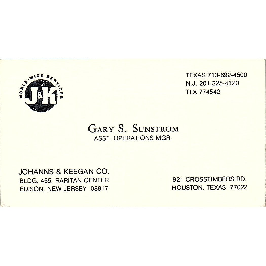 Johanns & Keegan Gary S Sunstrom Edison NJ Houston TX Vtg Business Card SC9-B6