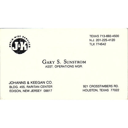 Johanns & Keegan Gary S Sunstrom Edison NJ Houston TX Vtg Business Card SC9-B6