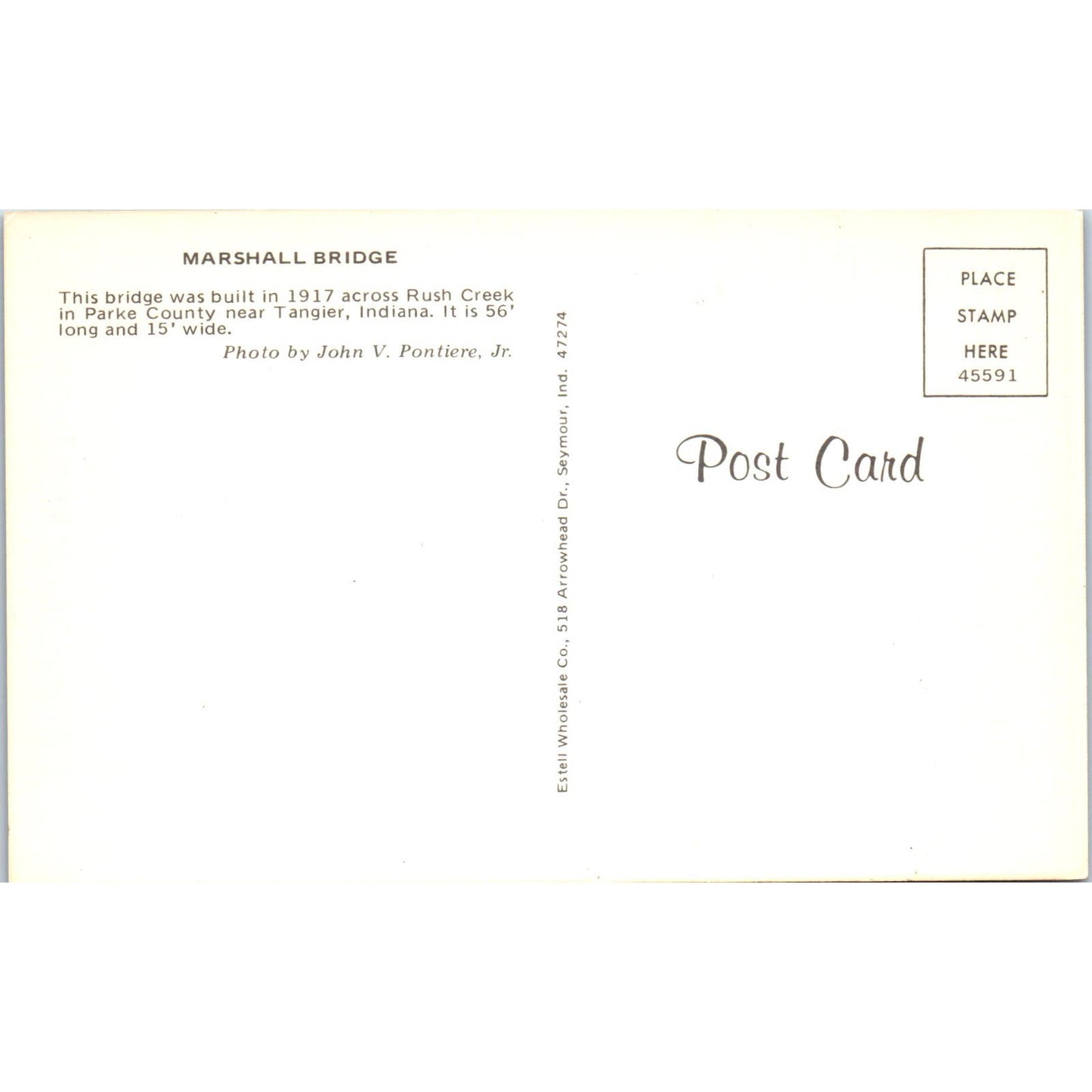 Marshall Bridge Parke County Tangier Indiana Covered Bridge Postcard PC7