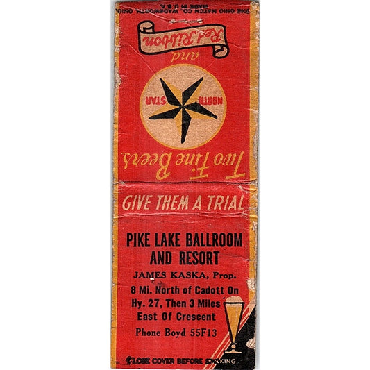 Pike Lake Ballroom & Resort James Kaska Crescent Vintage Matchbook Cover SC7-Y11