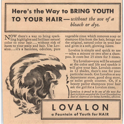 Lovalon Fountain of Youth for Hair 1935 Minneapolis Journal Advertisement AE7-N2