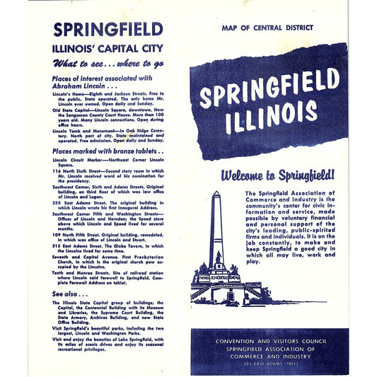 Map of Central District Springfield IL Vintage Travel Brochure TH2-TB5