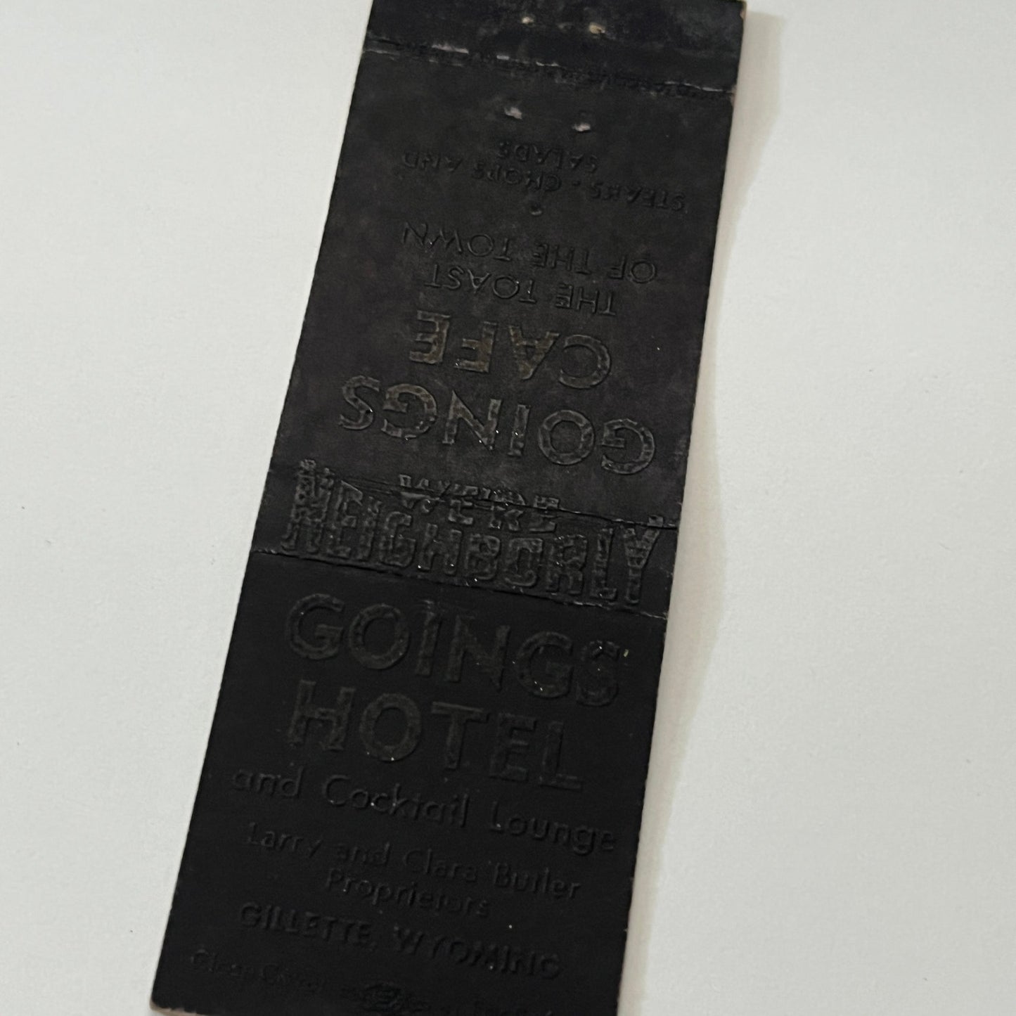 Going Hotel & Cafe Larry and Clara Butler Gillette WY Matchbook Cover TB6-MB1-14