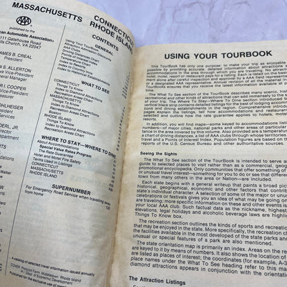 1985 AAA Connecticut, Massachusetts, Rhode Island TourBook Travel Guide TH2-BO1