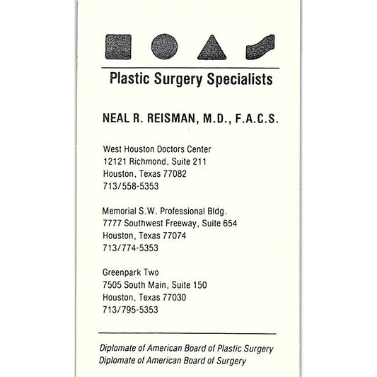 Plastic Surgery Specialists Neal R. Reisman Houston Texas Business Card SB4-B1