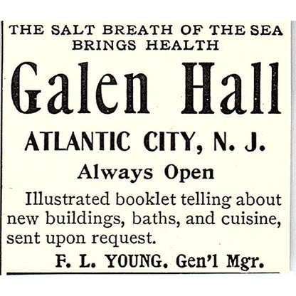 Galen Hall Atlantic City NJ Salt Breath of the Sea F.L. Young 1903 Ad AF8-S25