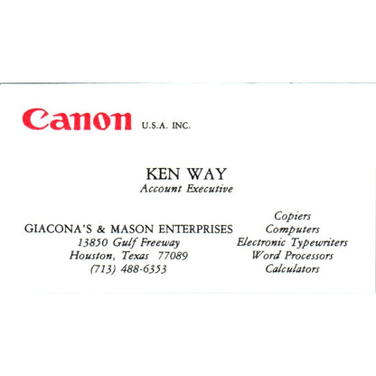 Ken Way Canon Giacona's & Mason Enterprises Houston Vintage Business Card SE3-B2