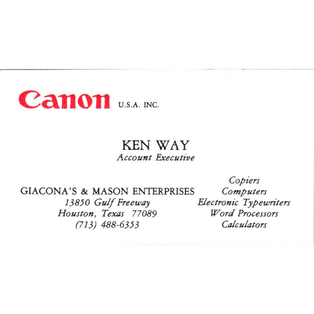 Ken Way Canon Giacona's & Mason Enterprises Houston Vintage Business Card SE3-B2