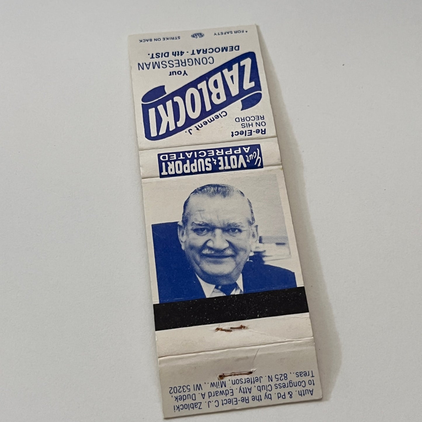 Clement J Zablocki Democrat Congressman 4th District Matchbook Cover TB6-MB2-1