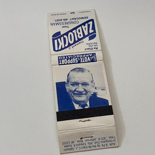 Clement J Zablocki Democrat Congressman 4th District Matchbook Cover TB6-MB2-1