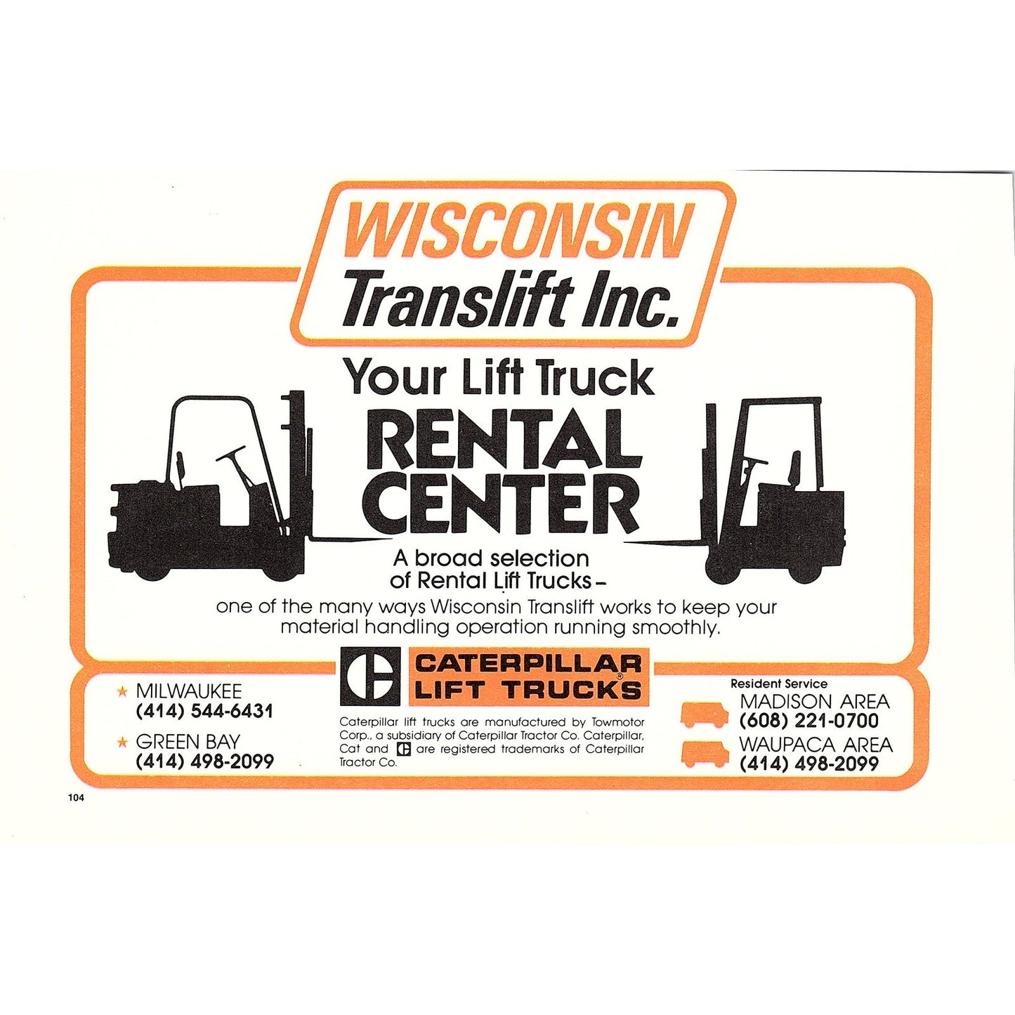 Wisconsin Translift Inc Rental Center Green Bay 8x5" 1981 Ad AF6-17