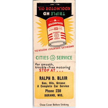 Ralph D. Blair Cities Service Durand WI Vintage Matchbook Cover SD4-Y16