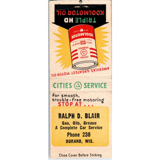 Ralph D. Blair Cities Service Durand WI Vintage Matchbook Cover SD4-Y16