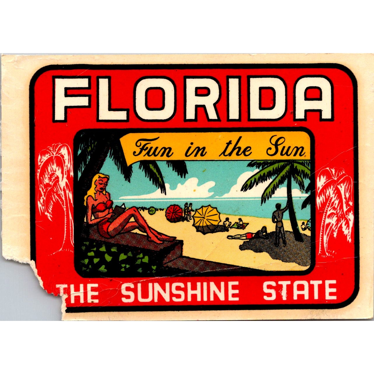 1960s Original Florida Sunshine State (Torn) Decal 2.5x4 Lindgren-Turner AH4-M1