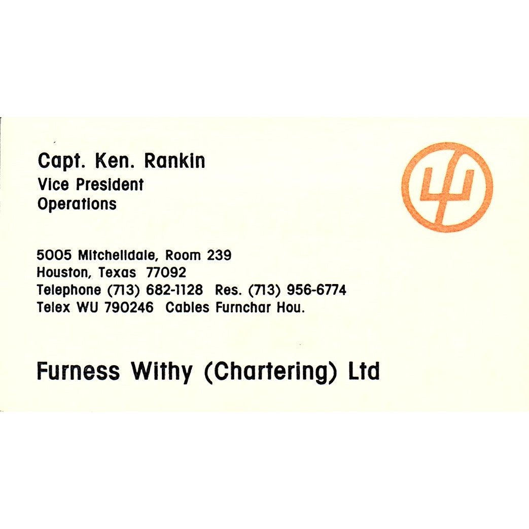 Capt Ken Rankin Furness Withy Chartering Houston Vintage Business Card SC9-B3