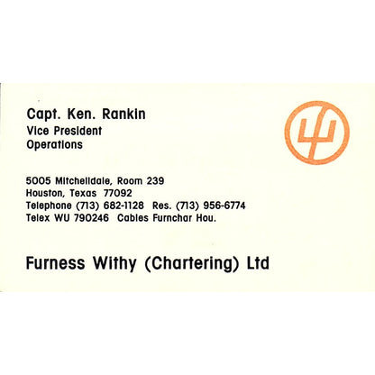 Capt Ken Rankin Furness Withy Chartering Houston Vintage Business Card SC9-B3