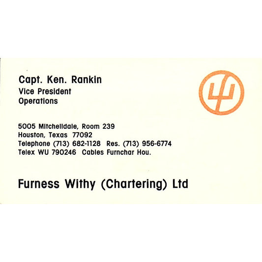 Capt Ken Rankin Furness Withy Chartering Houston Vintage Business Card SC9-B3