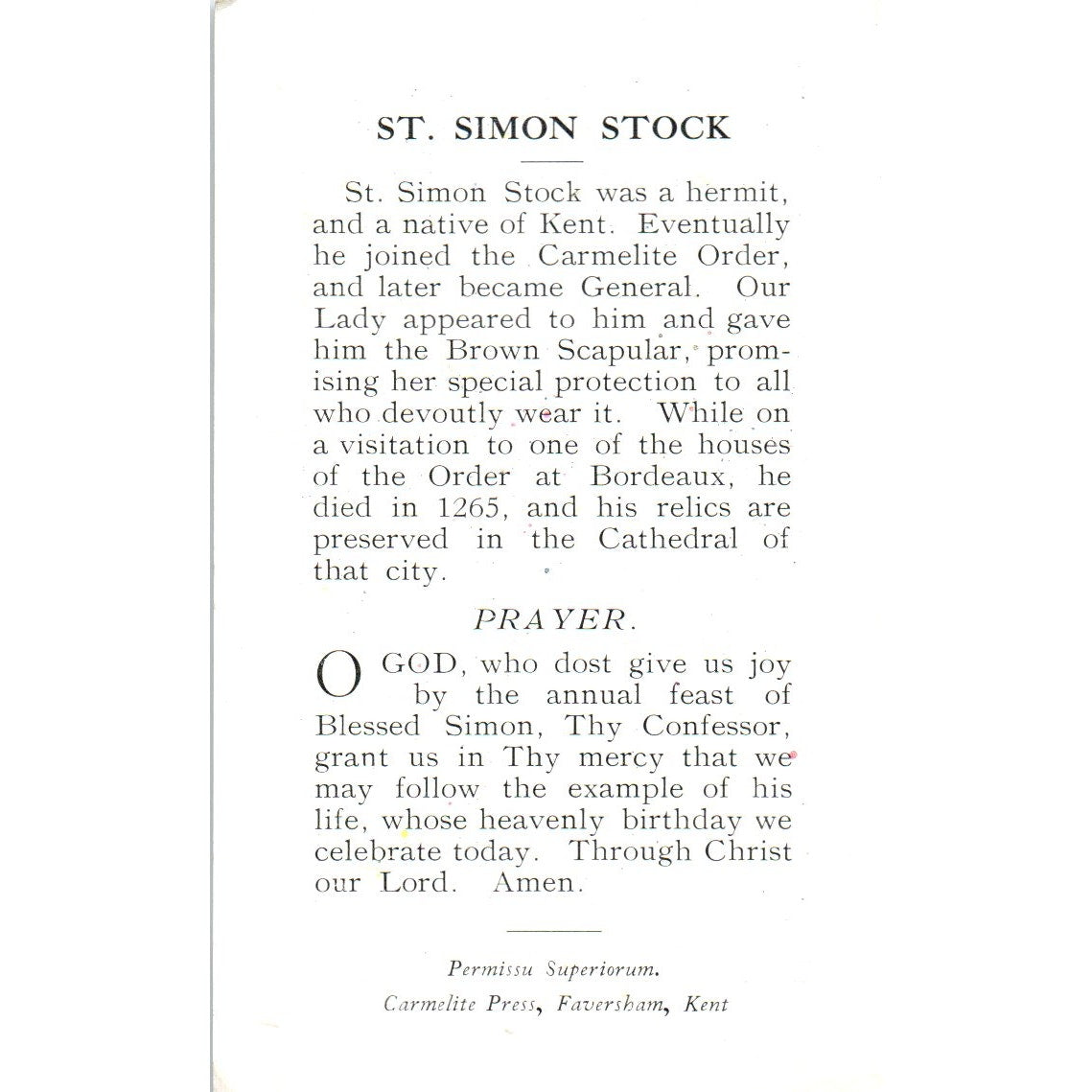 St. Simon Stock Faversham Kent Vintage Catholic Prayer Card TH2-PC1