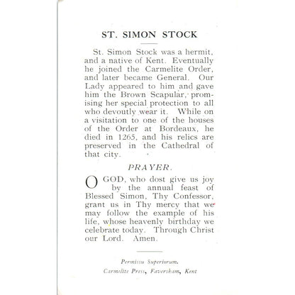 St. Simon Stock Faversham Kent Vintage Catholic Prayer Card TH2-PC1