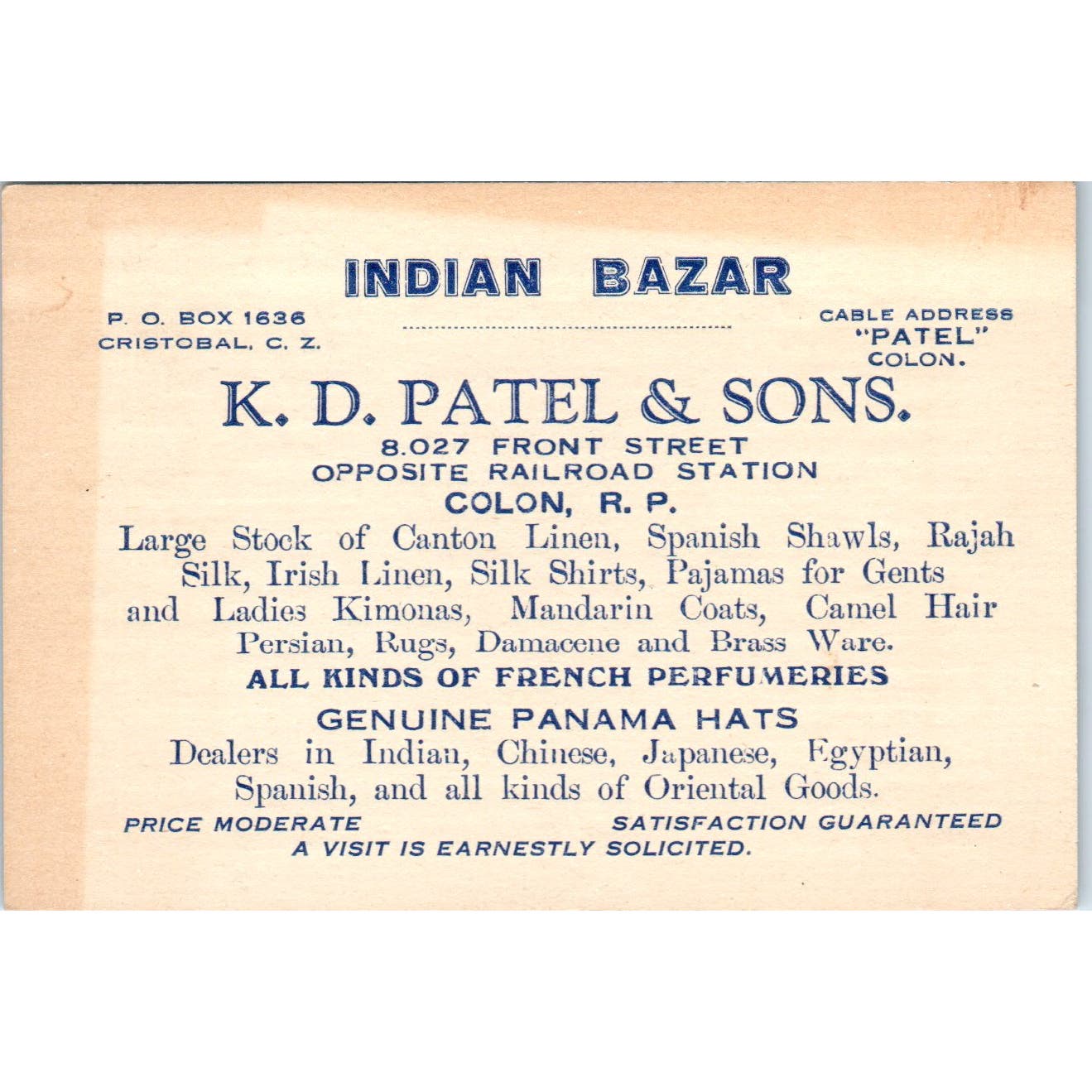 c1900 K.D. Patel & Sons Business Card Cristobal C.Z. Panama Indian Bazar AE6