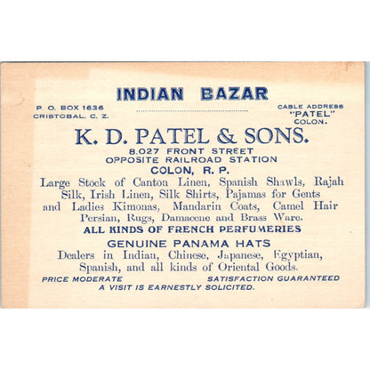 c1900 K.D. Patel & Sons Business Card Cristobal C.Z. Panama Indian Bazar AE6