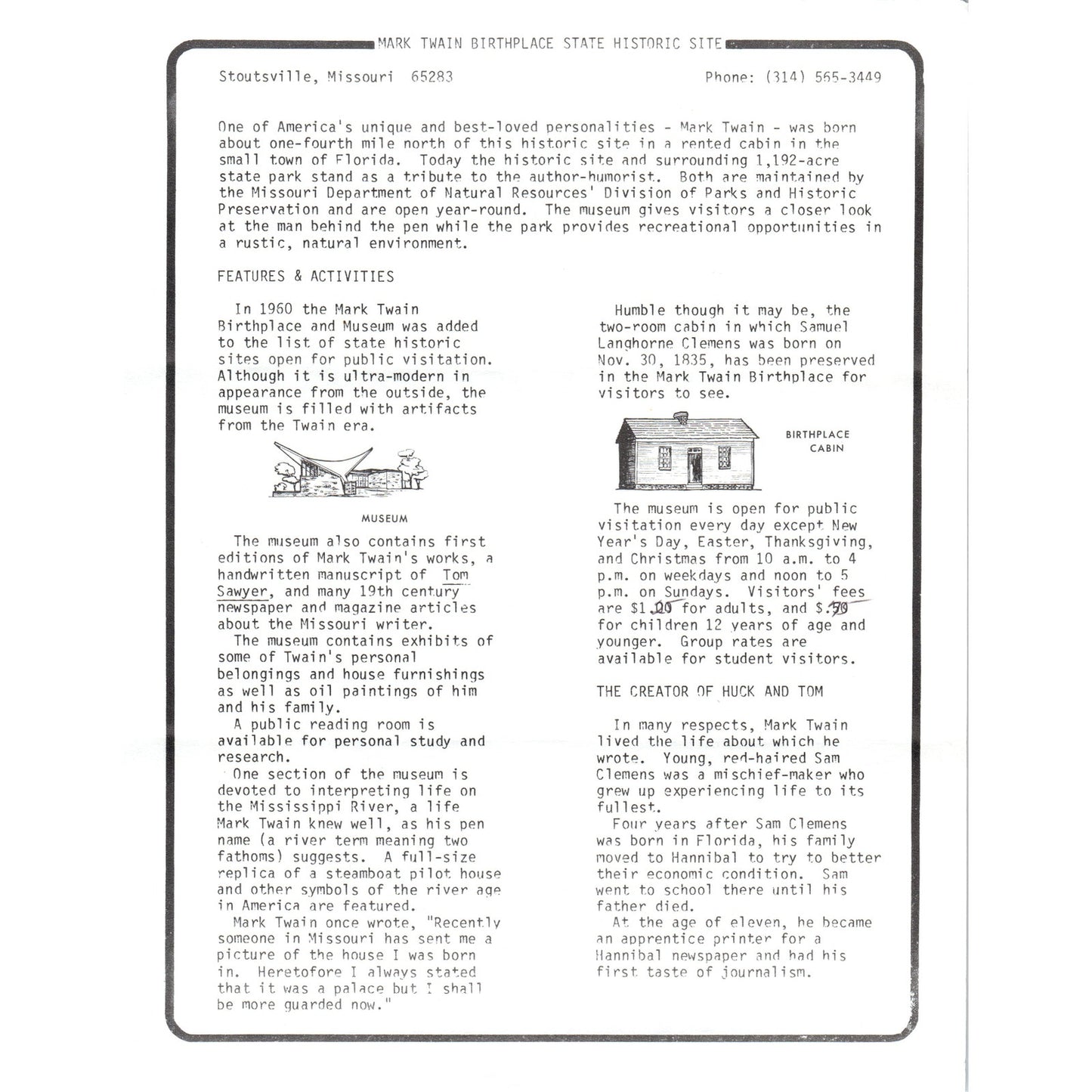 Vintage Mark Twain Birthplace State Historic Site Stoutsville MO Leaflet TF4-B2