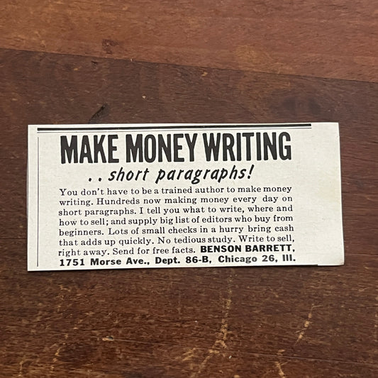 Make Money Writing Short Paragraphs - Benson Barrett Chicago 1955 Ad AF9-S2