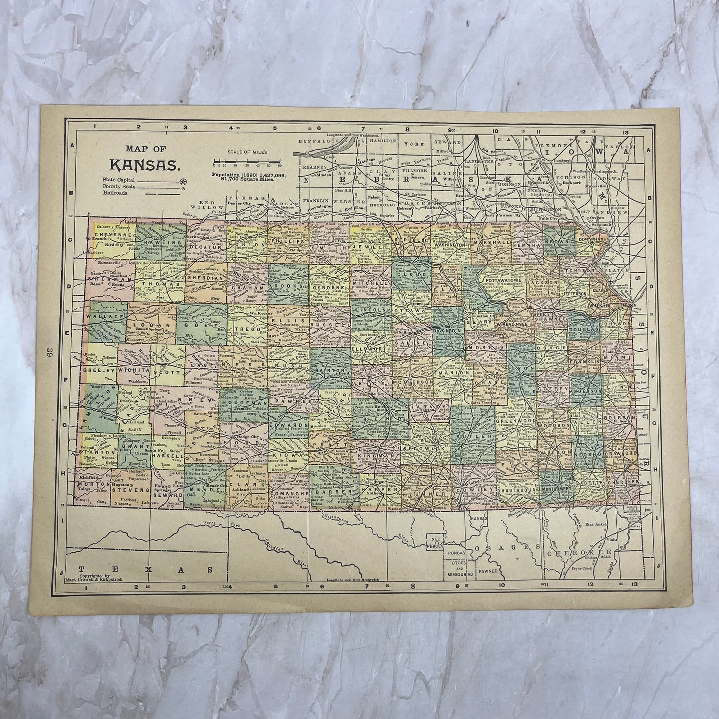 1899 Map of Kansas 10x13 Original Tinted Map Engraving FL6-8