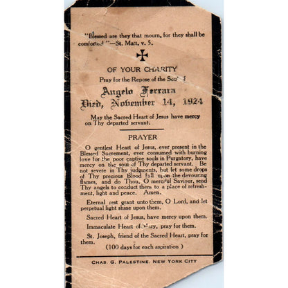 1924 Funeral Prayer Card Angelo Ferrara Matthew 26:42 AE4