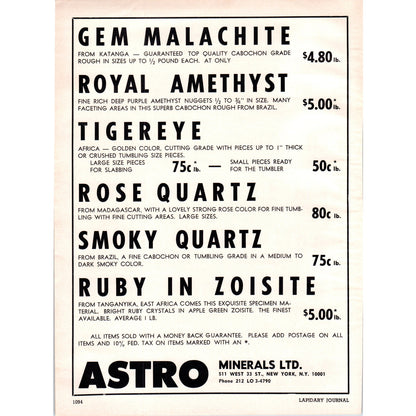 Astro Minerals Ltd Gem Malachite New York NY 1964 Magazine Ad AB6-D18