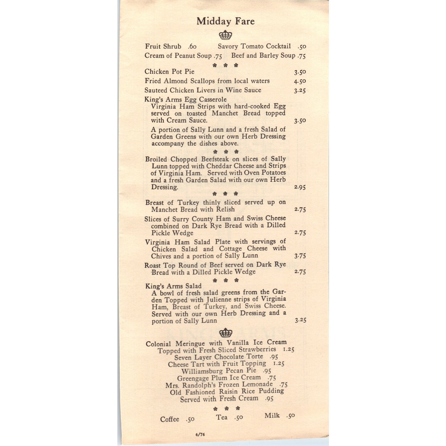 1976 Midday Fare to be had at the King's Arms Tavern Williamsburg VA Menu TF4-BD