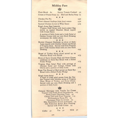 1976 Midday Fare to be had at the King's Arms Tavern Williamsburg VA Menu TF4-BD